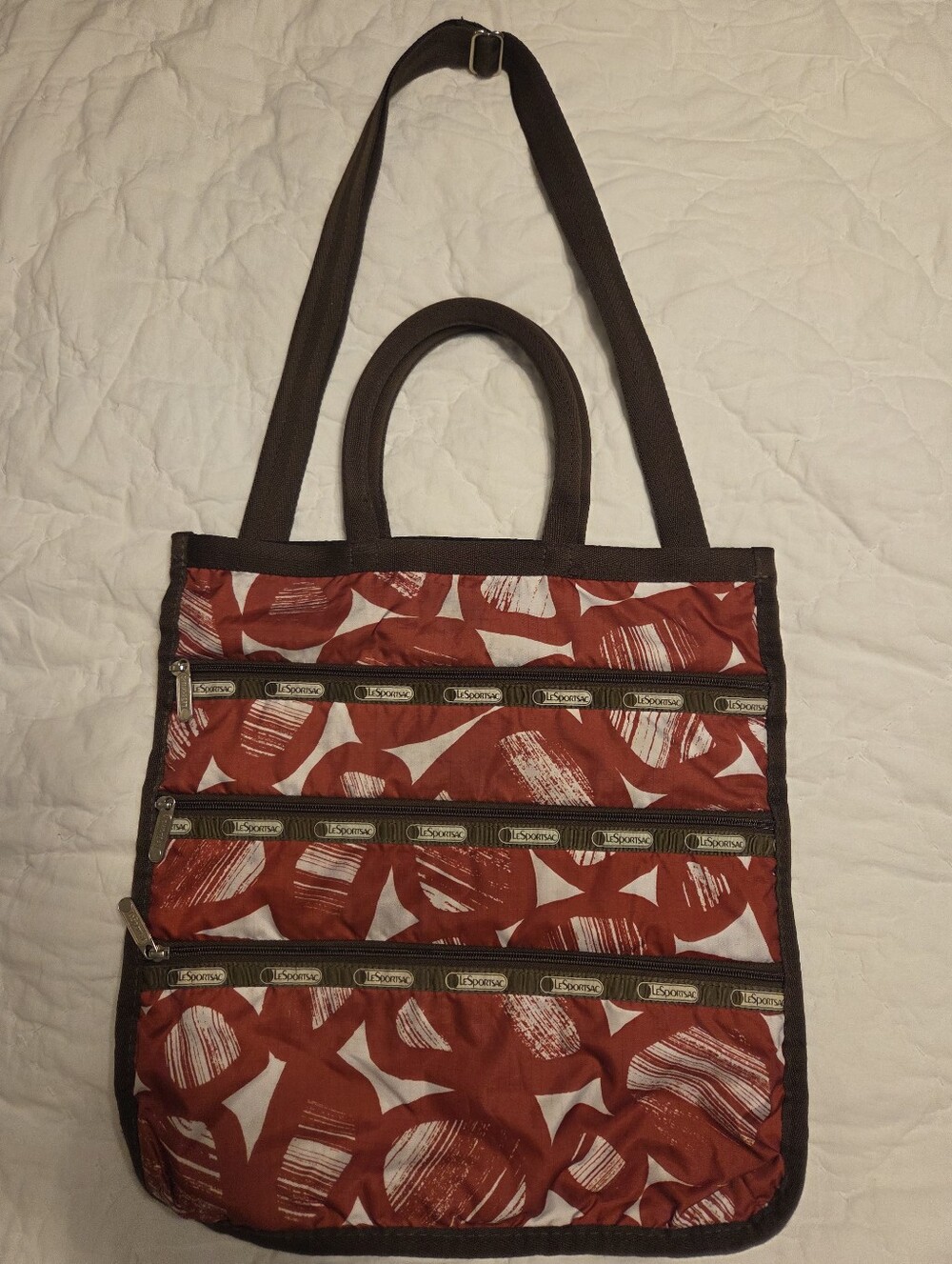 LeSportsac 3-Zip Travel Tote Bag Red Brown Abstract Geometric Crossbody